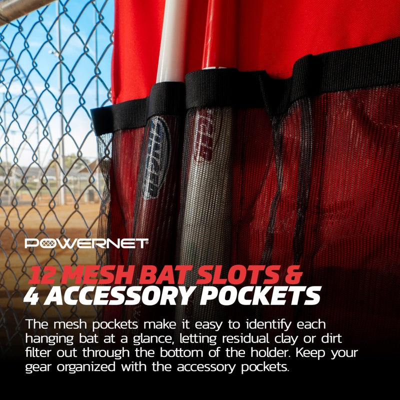 PowerNet Hanging Bat Bag Caddy for Baseball and Softball Teams, Team Bag Dugout Organizer, Holds 12 Hanging Bats on Fence (Red) - Image 4